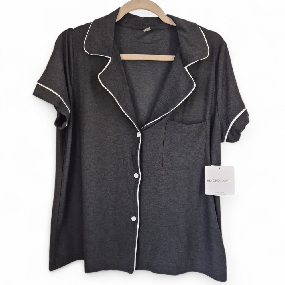 Beyond Yoga Pajama Button Front Top Dark Grey Lounge Sleepwear NWT Size M